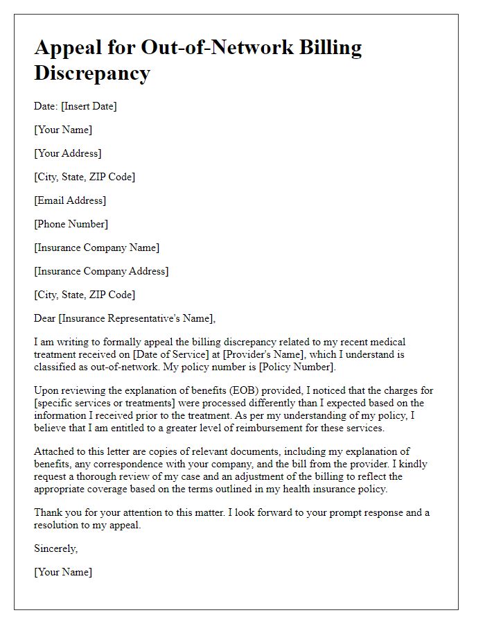 Letter template of appeal for out-of-network billing discrepancy