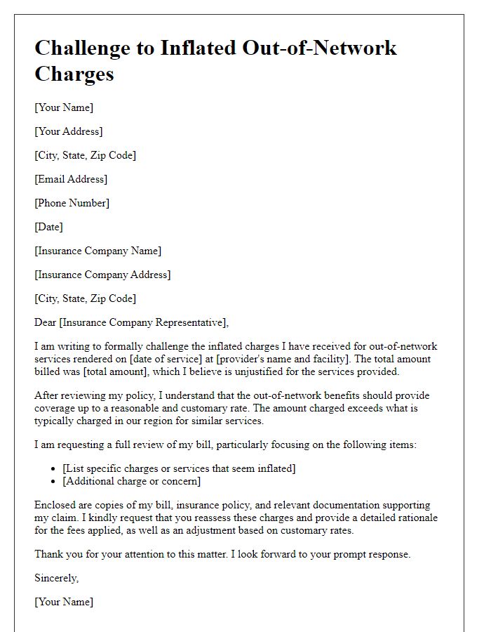 Letter template of challenge to inflated out-of-network charges