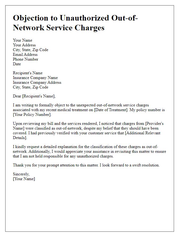 Letter template of objection to unauthorized out-of-network service charges