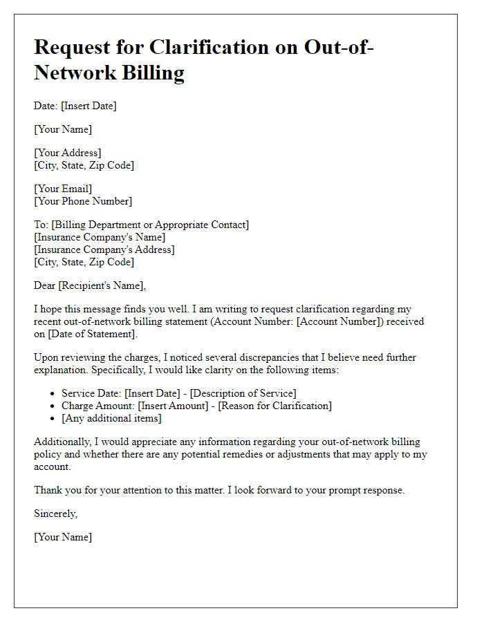 Letter template of request for clarification on out-of-network billing