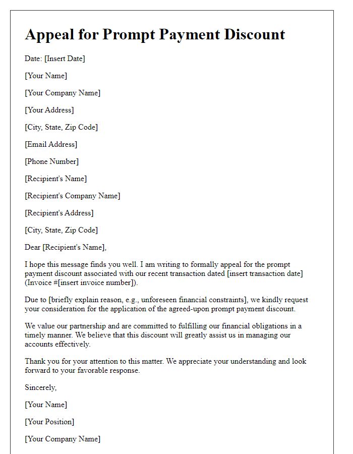 Letter template of appeal for prompt payment discount.