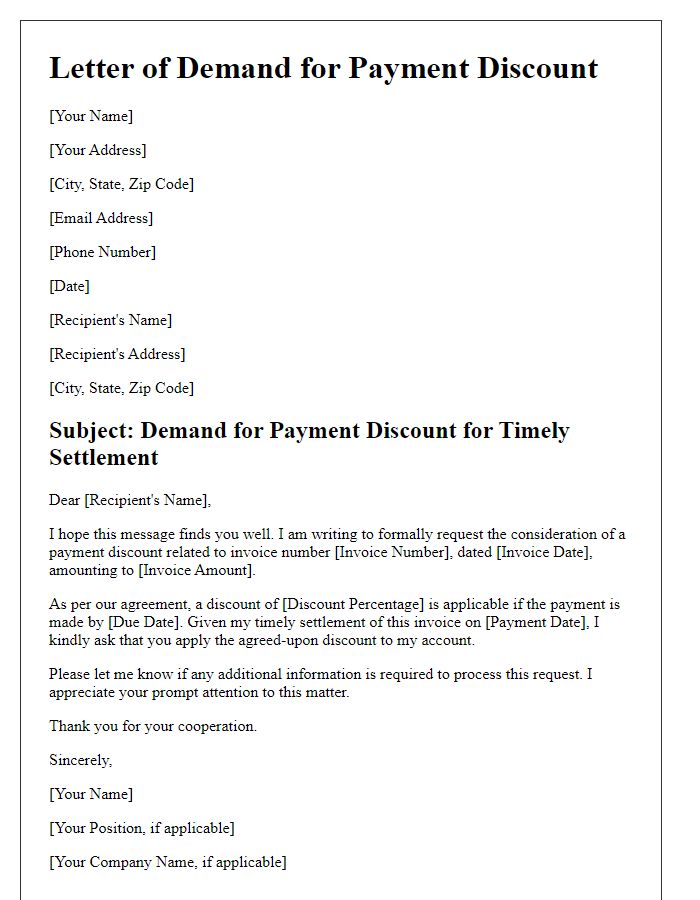 Letter template of demand for payment discount for timely settlement.