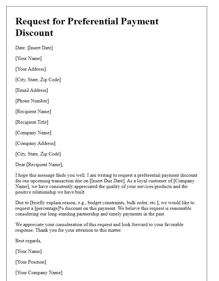 Letter template of request for preferential payment discount.