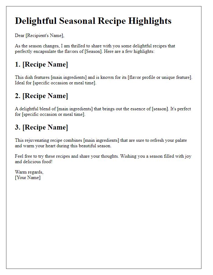 Letter template of delightful seasonal recipe highlights.