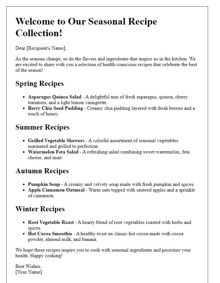 Letter template of health-conscious seasonal recipes.