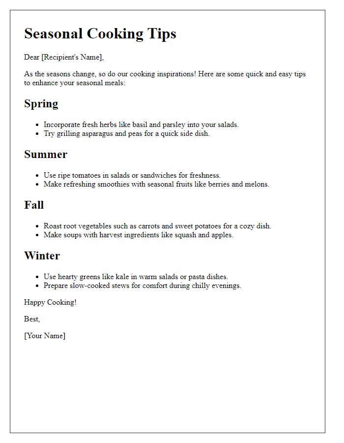 Letter template of quick and easy seasonal cooking tips.