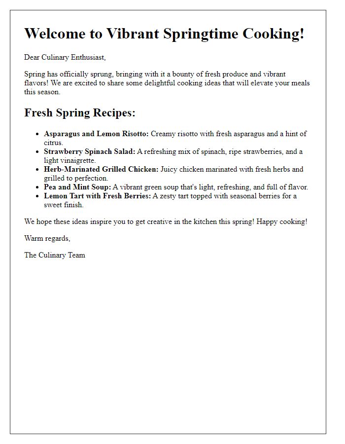 Letter template of vibrant springtime cooking ideas.