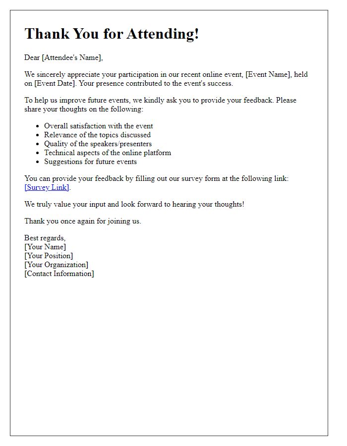 Letter template of post-event feedback request for online attendees
