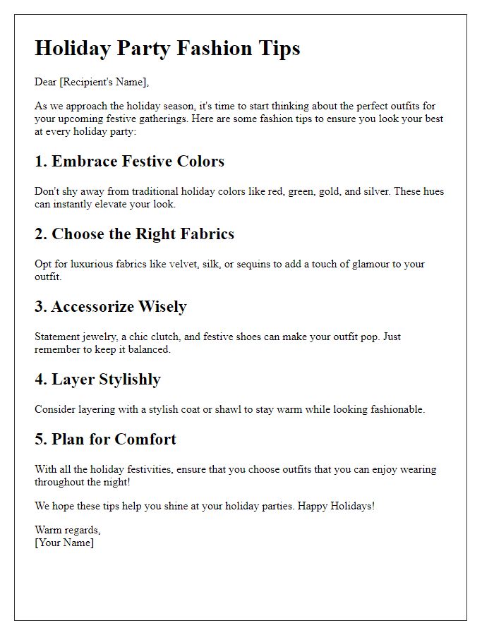 Letter template of Holiday Party Fashion Tips