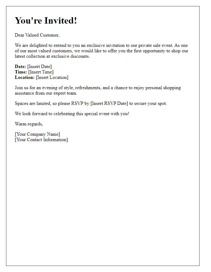 Letter template of exclusive private sale invitation for valued customers