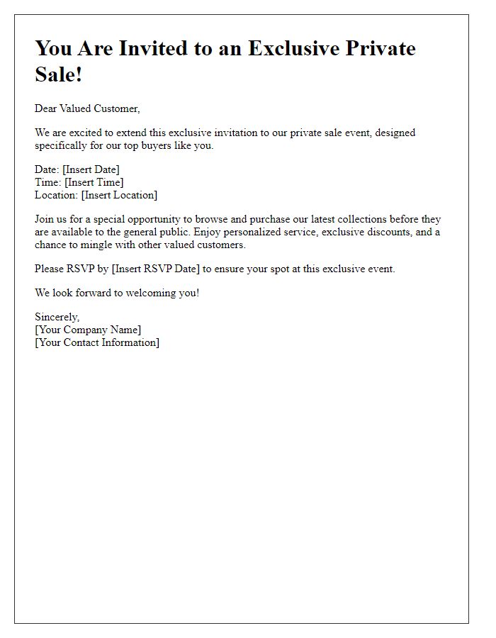 Letter template of invitation to an exclusive private sale for top buyers