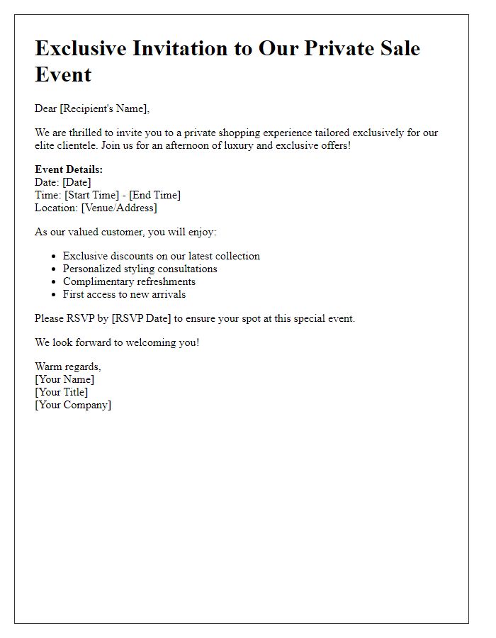 Letter template of invitation to a private sale event for elite shoppers