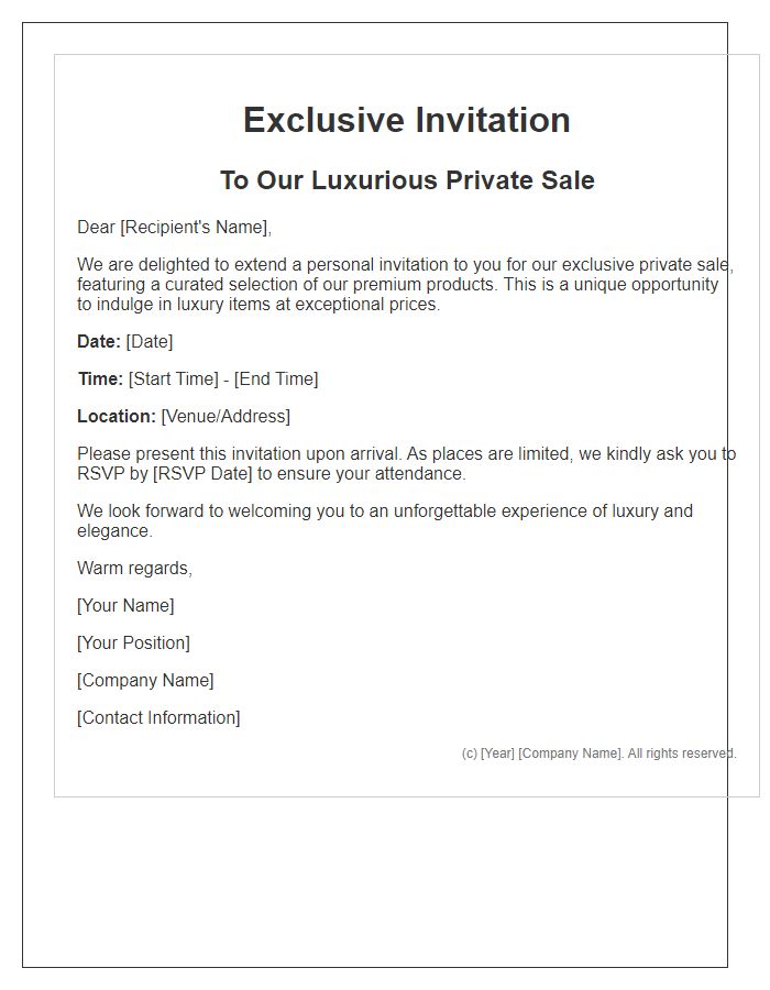 Letter template of luxurious private sale invitation for premium products