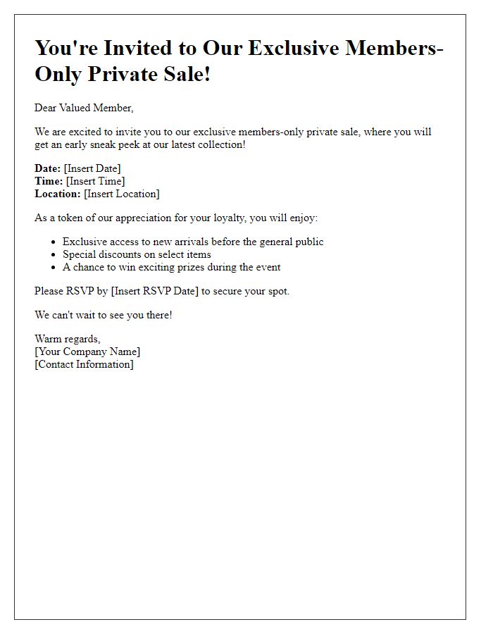 Letter template of members-only private sale invitation with sneak peek