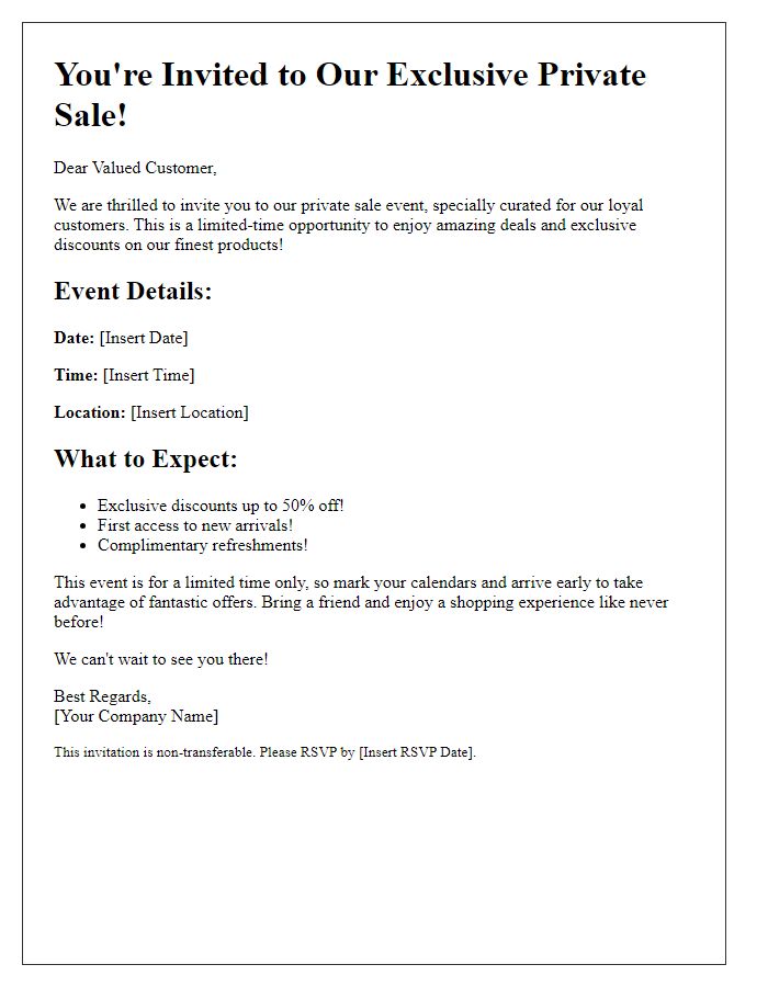 Letter template of private sale invitation highlighting limited-time deals