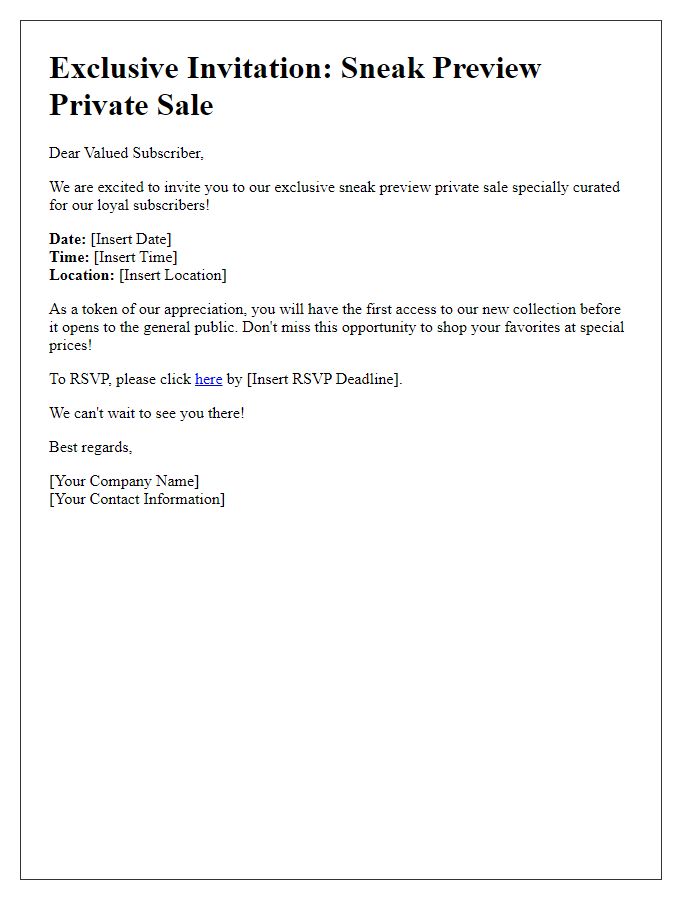 Letter template of sneak preview private sale invitation for subscribers