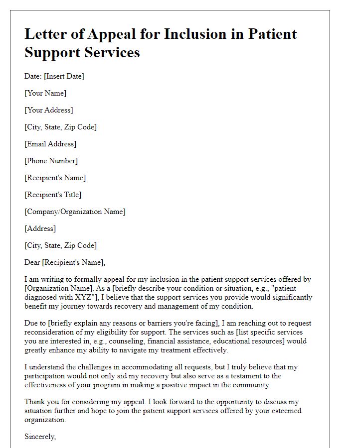 Letter template of appeal for inclusion in patient support services