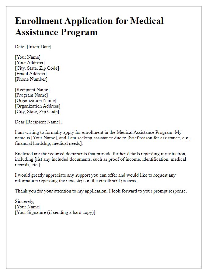 Letter template of enrollment application for medical assistance program