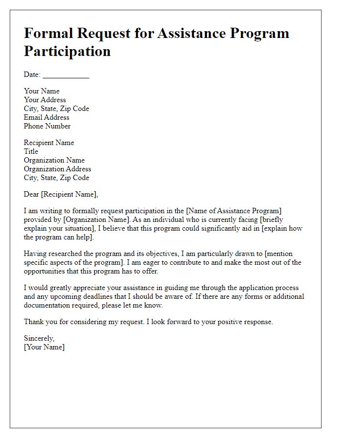 Letter template of formal request for assistance program participation