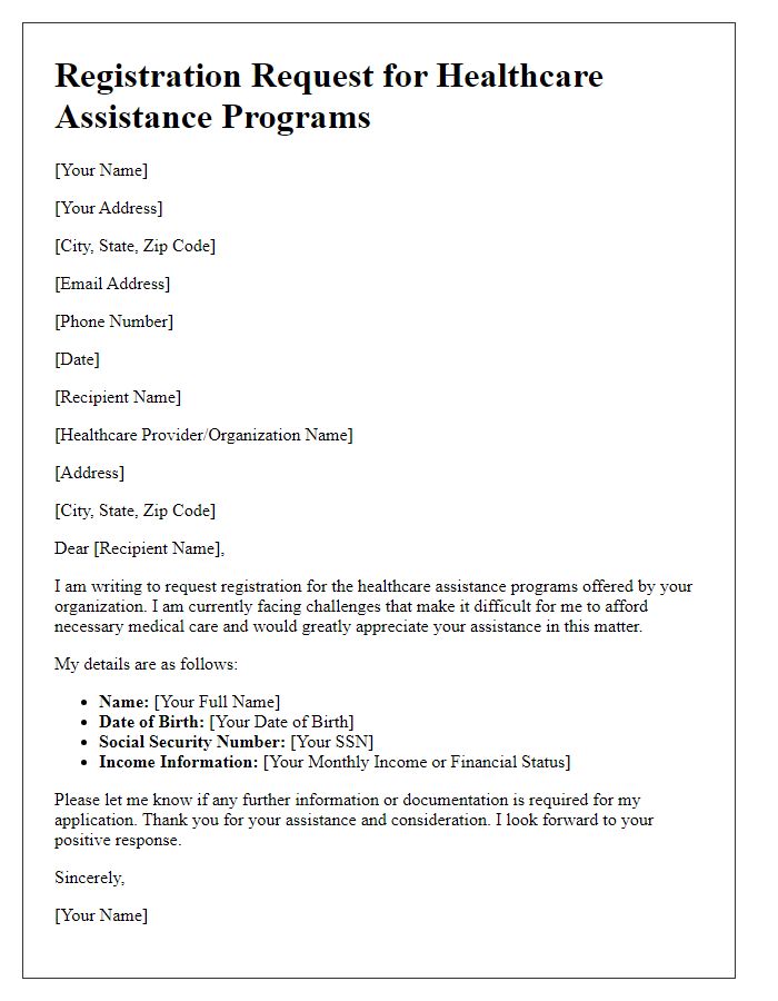 Letter template of registration request for healthcare assistance programs