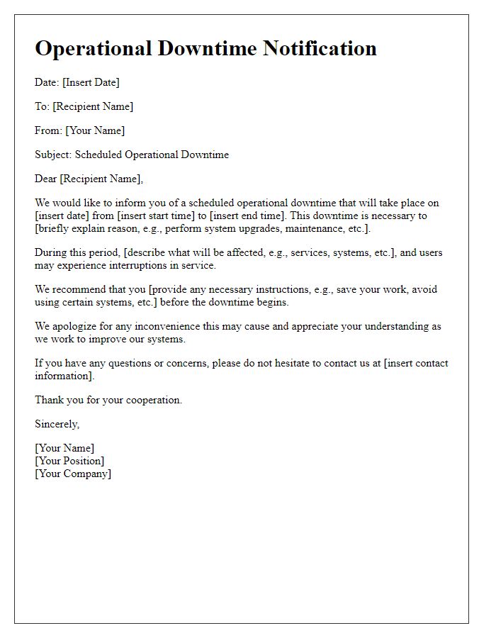 Letter template of operational downtime communication