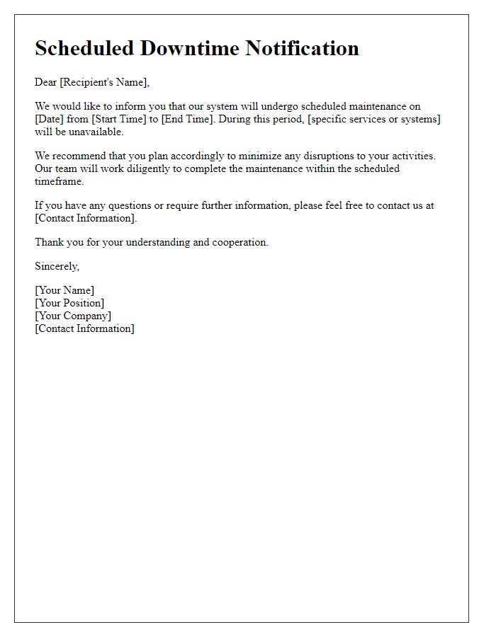 Letter template of scheduled downtime alert