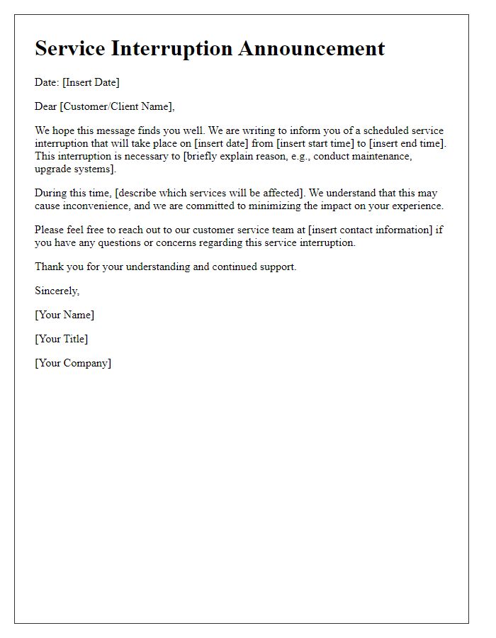 Letter template of service interruption announcement