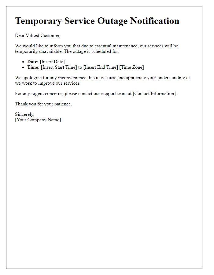 Letter template of temporary service outage notification