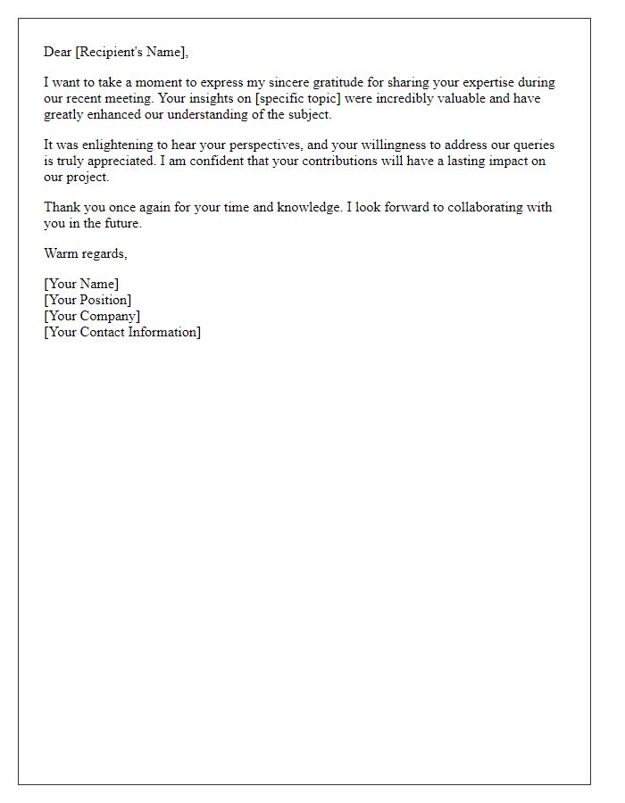 Letter template of thanks for sharing your expertise in our meeting