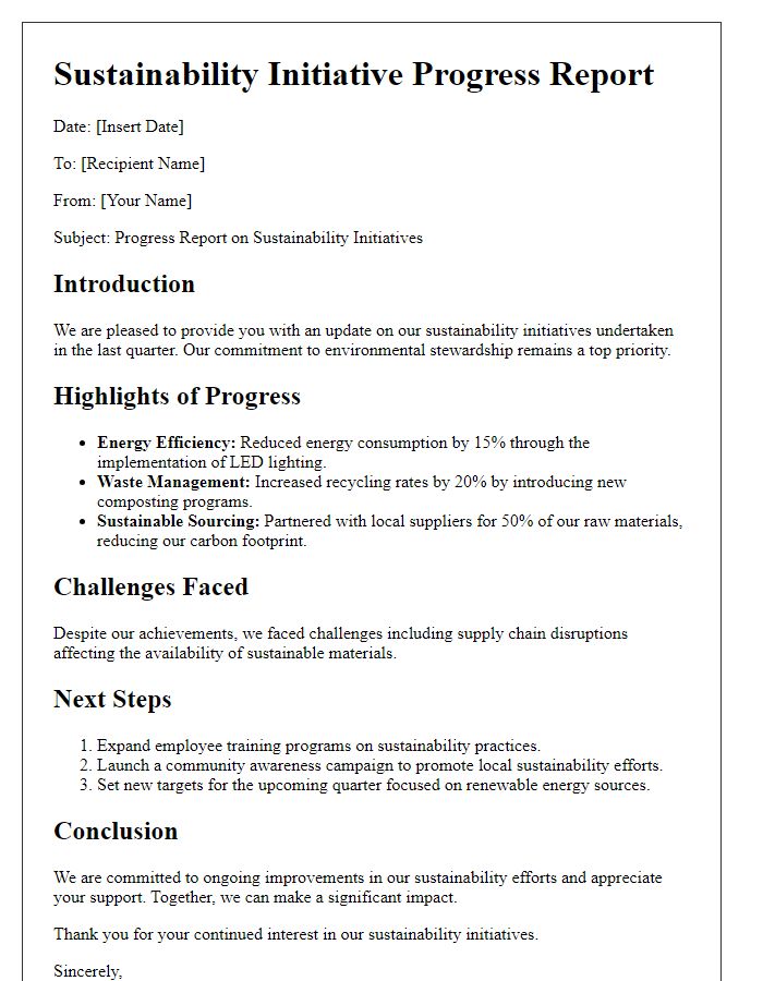 Letter template of sustainability initiative progress report