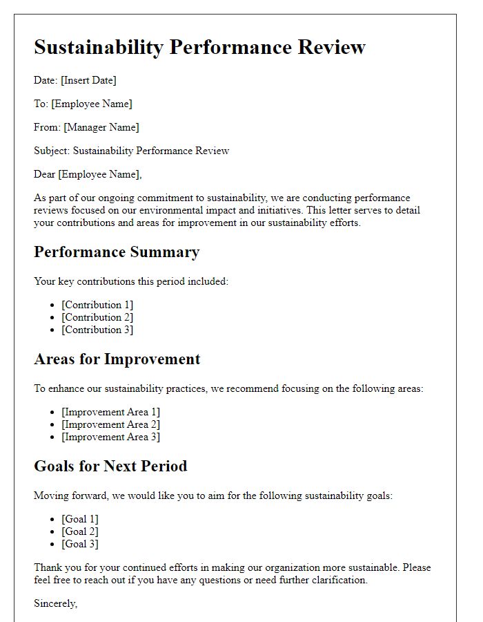 Letter template of sustainability performance review