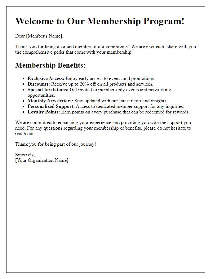 Letter template of comprehensive membership perks overview