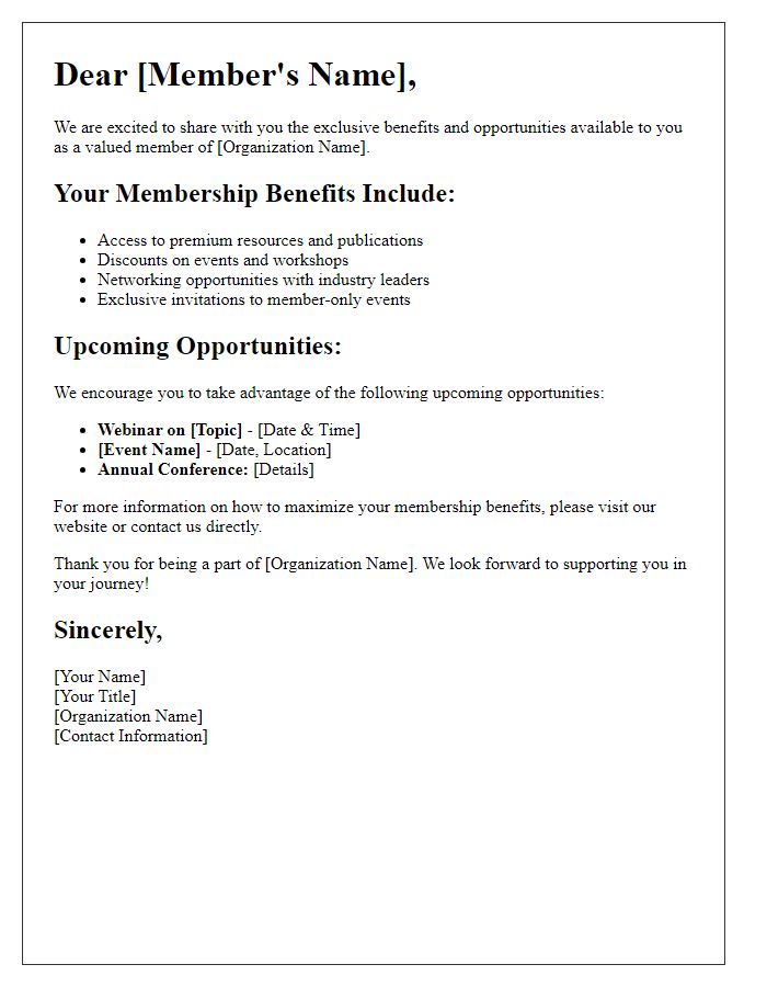 Letter template of member benefits and opportunities