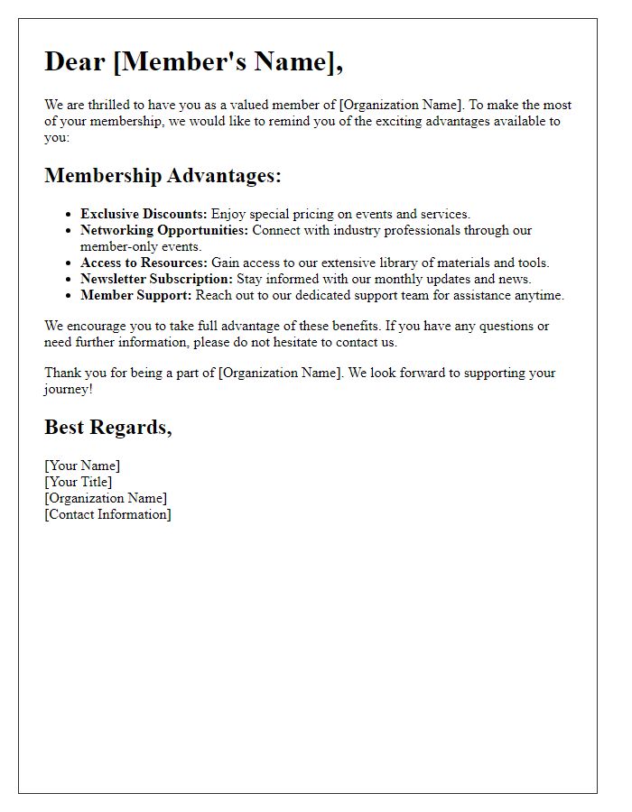 Letter template of membership advantages summary