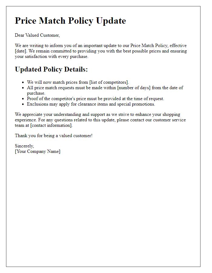 Letter template of Price Match Policy Update