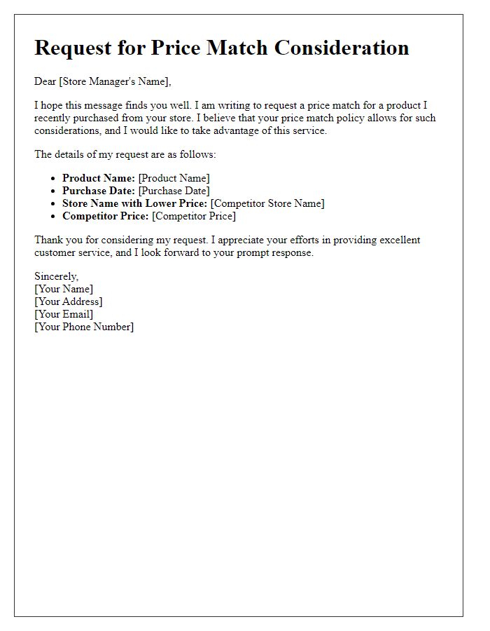 Letter template of Request for Price Match consideration