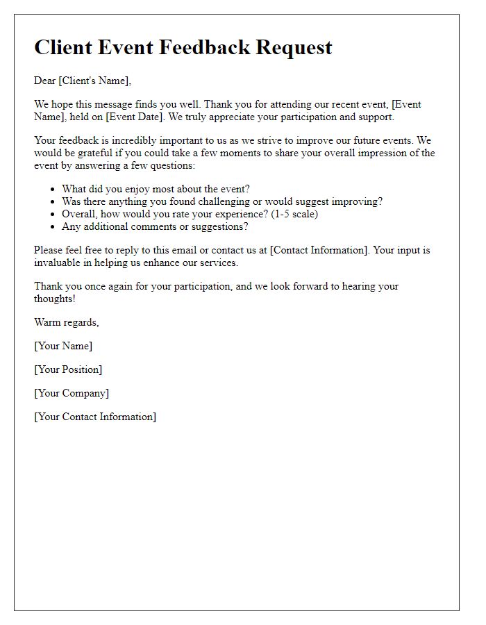 Letter template of Client Event Feedback Request for Overall Impression