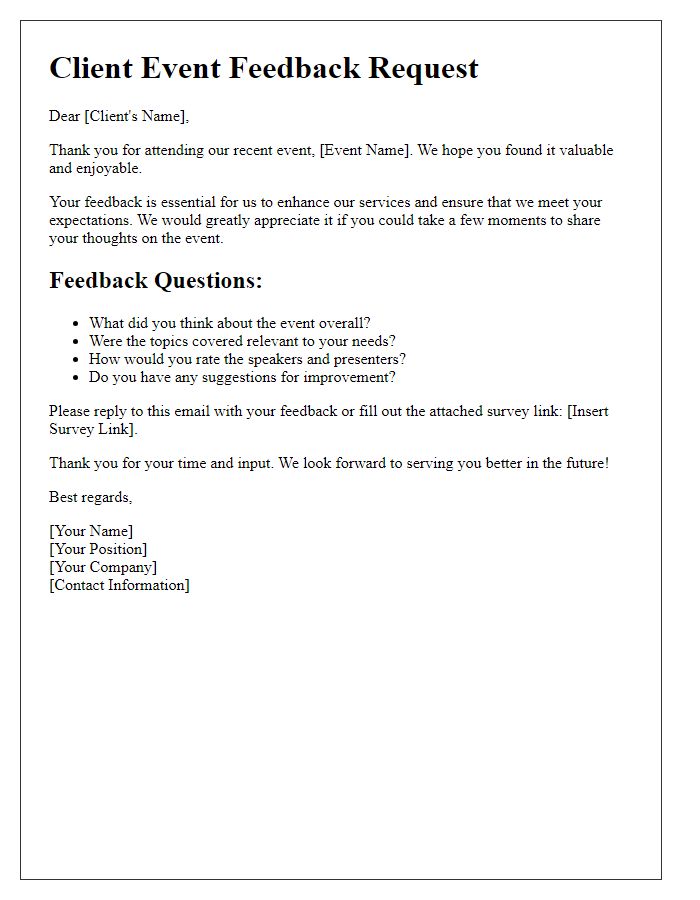 Letter template of Client Event Feedback Request for Service Enhancement