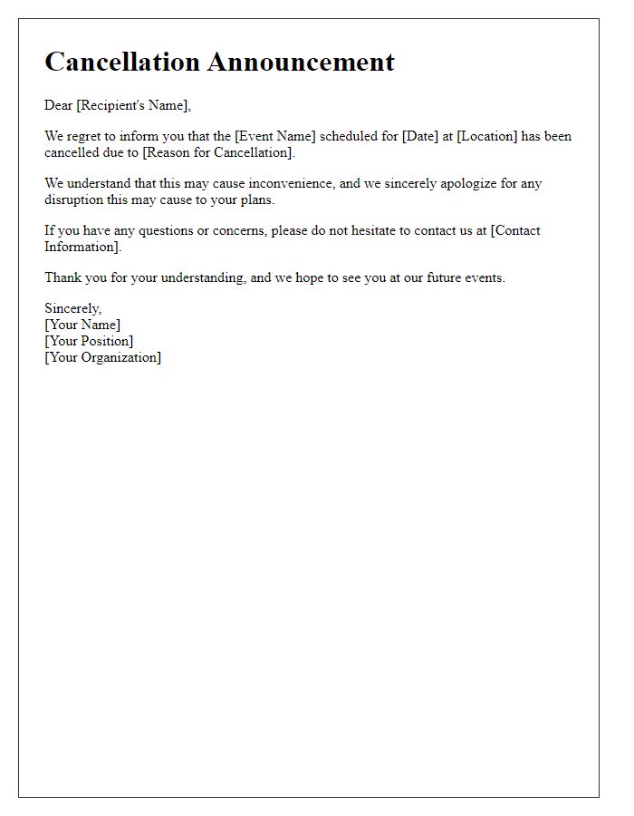 Letter template of cancellation announcement for an event