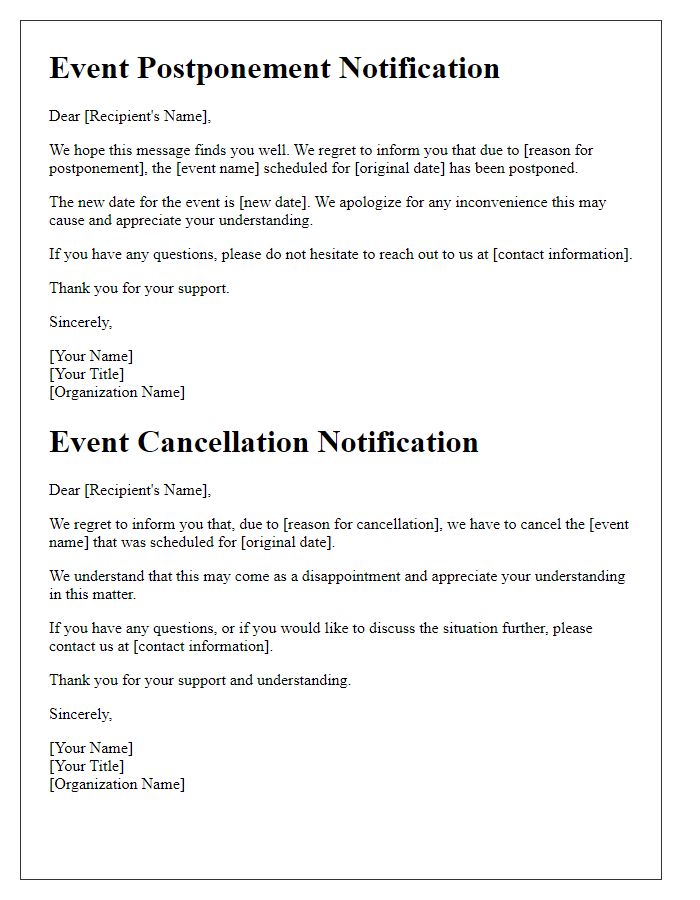 Letter template of event postponement and cancellation