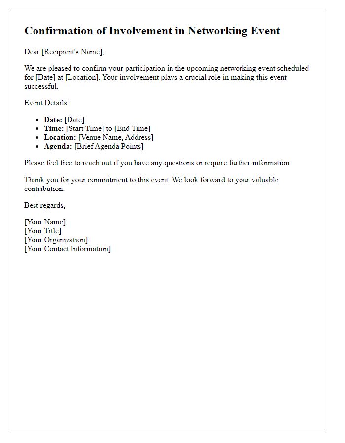 Letter template of confirmation for networking event involvement
