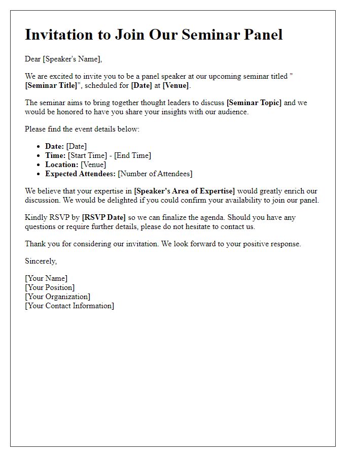 Letter template of seminar invitation for panel speakers