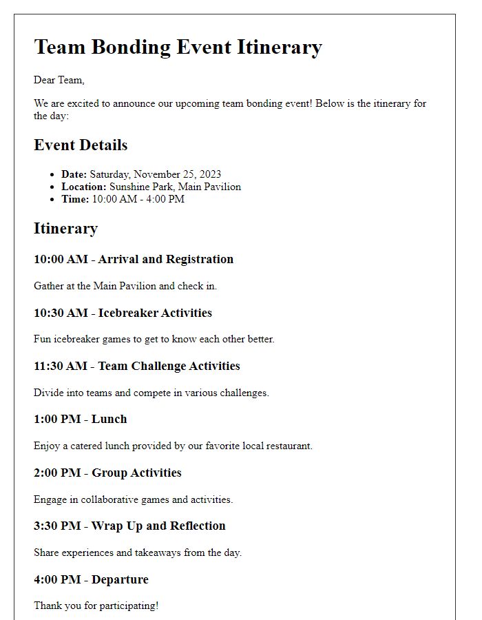 Letter template of team bonding event itinerary