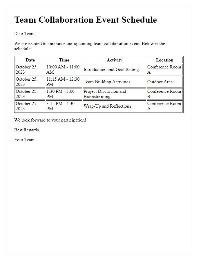 Letter template of team collaboration event schedule