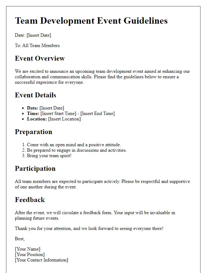 Letter template of team development event guidelines