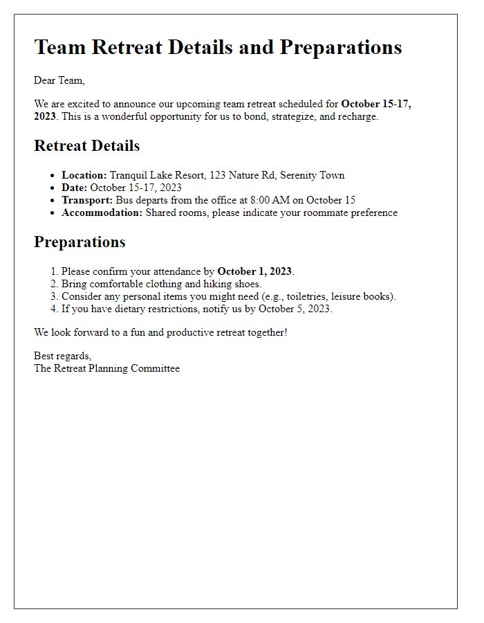 Letter template of team retreat details and preparations