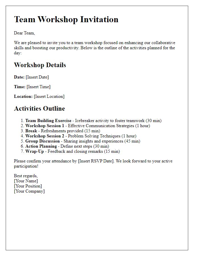 Letter template of team workshop and activities outline