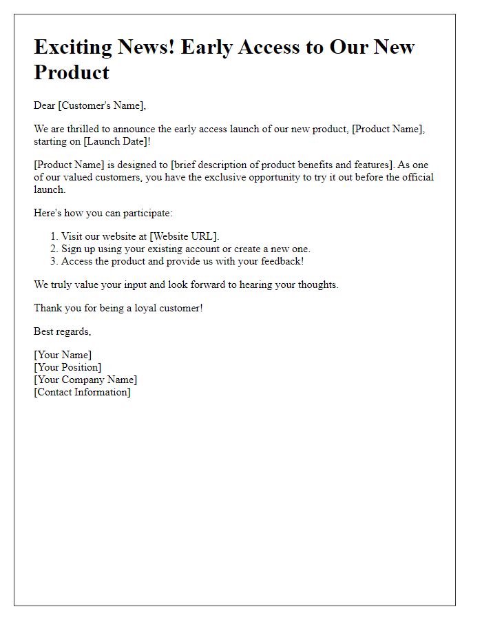 Letter template of early access product launch notification