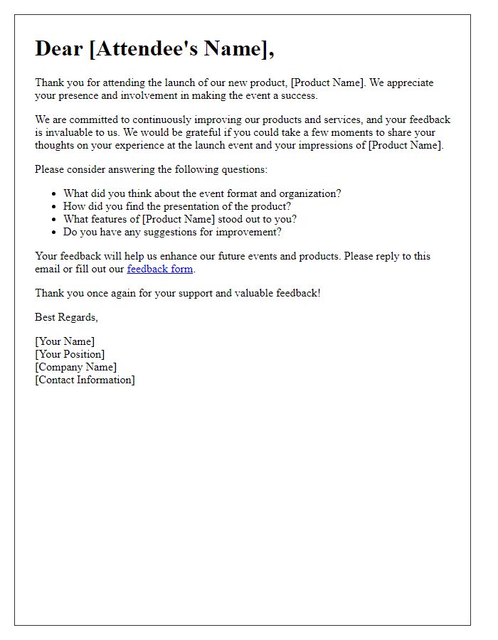 Letter template of feedback request for product launch attendees