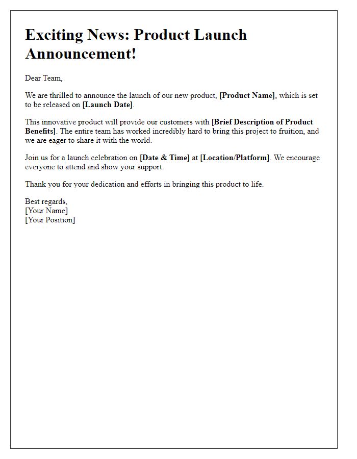 Letter template of internal announcement for product launch